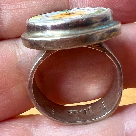 VINTAGE DESIGNER J.LEE JESSICA LEE 925SS CERAMIC FLOWER PAINTING RING HALLMARKED - Picture 8 of 16
